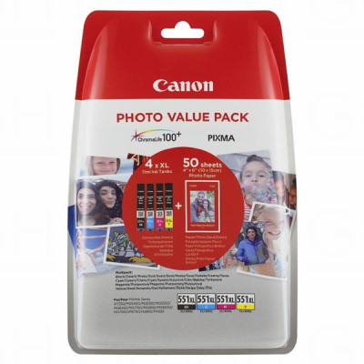 Canon CLI-551XL C/M/Y/BK (6443B006), originálny atrament, CMYK, 4 x 11 ml, 4-pack + 50x PP-201
