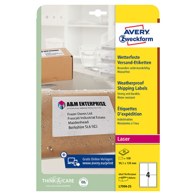Avery Zweckform etikety 99.1mm x 139mm, A4, biele, 1 etiketa, vodeodolné, balené po 25 ks, L7994-25