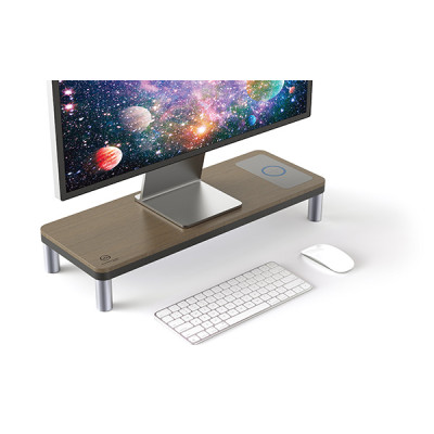 Powerton ERGO DOKY Podstavec pod monitor s dokovací stanicí a bezdrátovou nabíj, šedý + tmavý dřevodekor, ergo